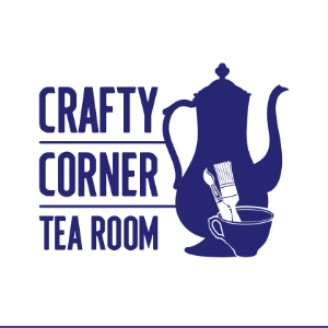 Crafty Corner Tea Room Logo, blue tea pot with blue tea cup holding paint brushes.