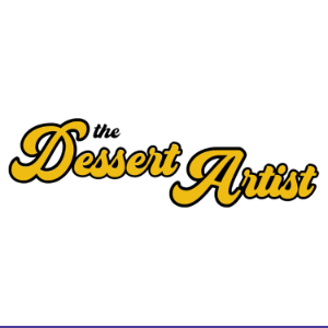 The Dessert Artist logo, text written in a cursive like font in golden yellow outlined in black.