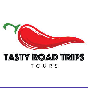 Tasty Road Trips logo, A red pepper with a green steam with the words Tasty Road Trips Tours in bold black letters underneath